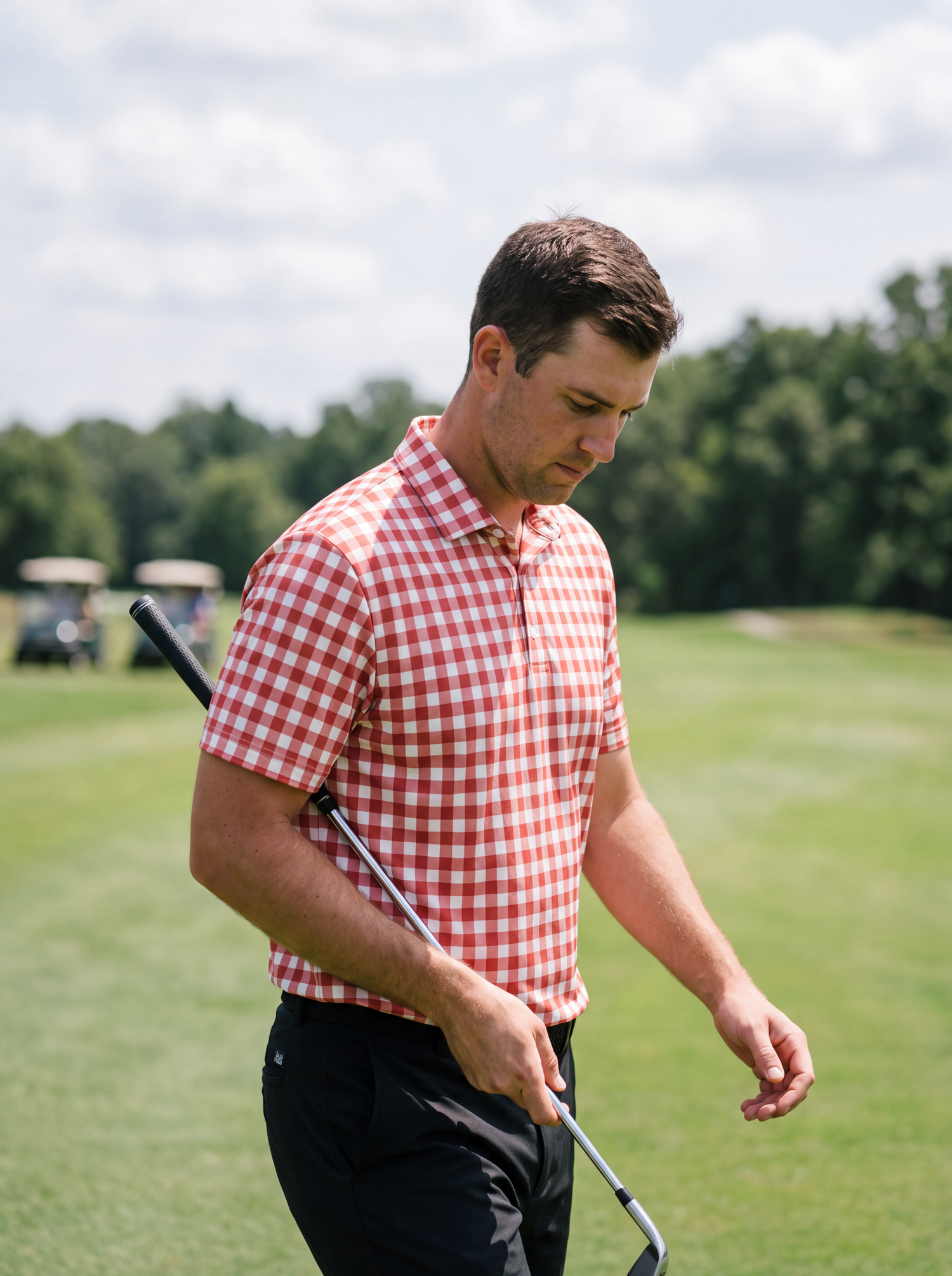 Argyle polo in green, maroon and cream