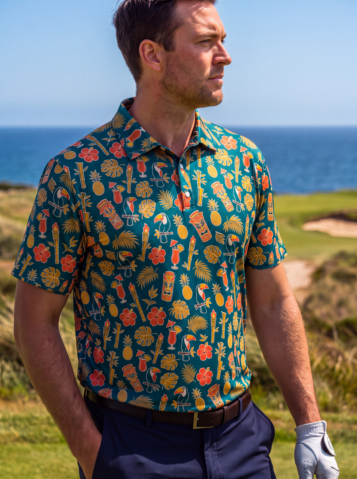 Nantucket red coastal polo with whales and sailboats
