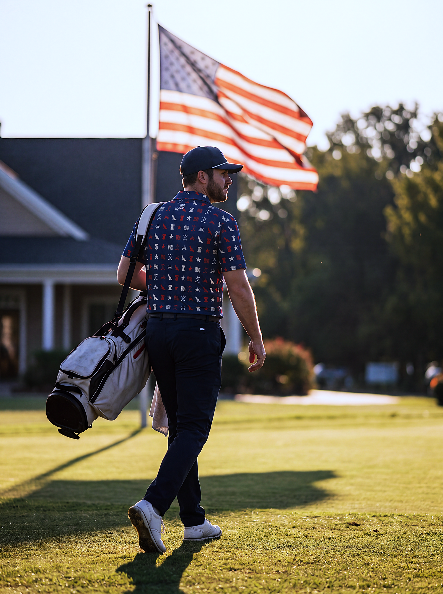 Navy Americana polo with eagles and flags