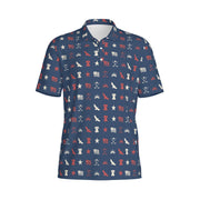 Red, white and blue polo shirt with a bird pattern, likely showing a close-up of the fabric.